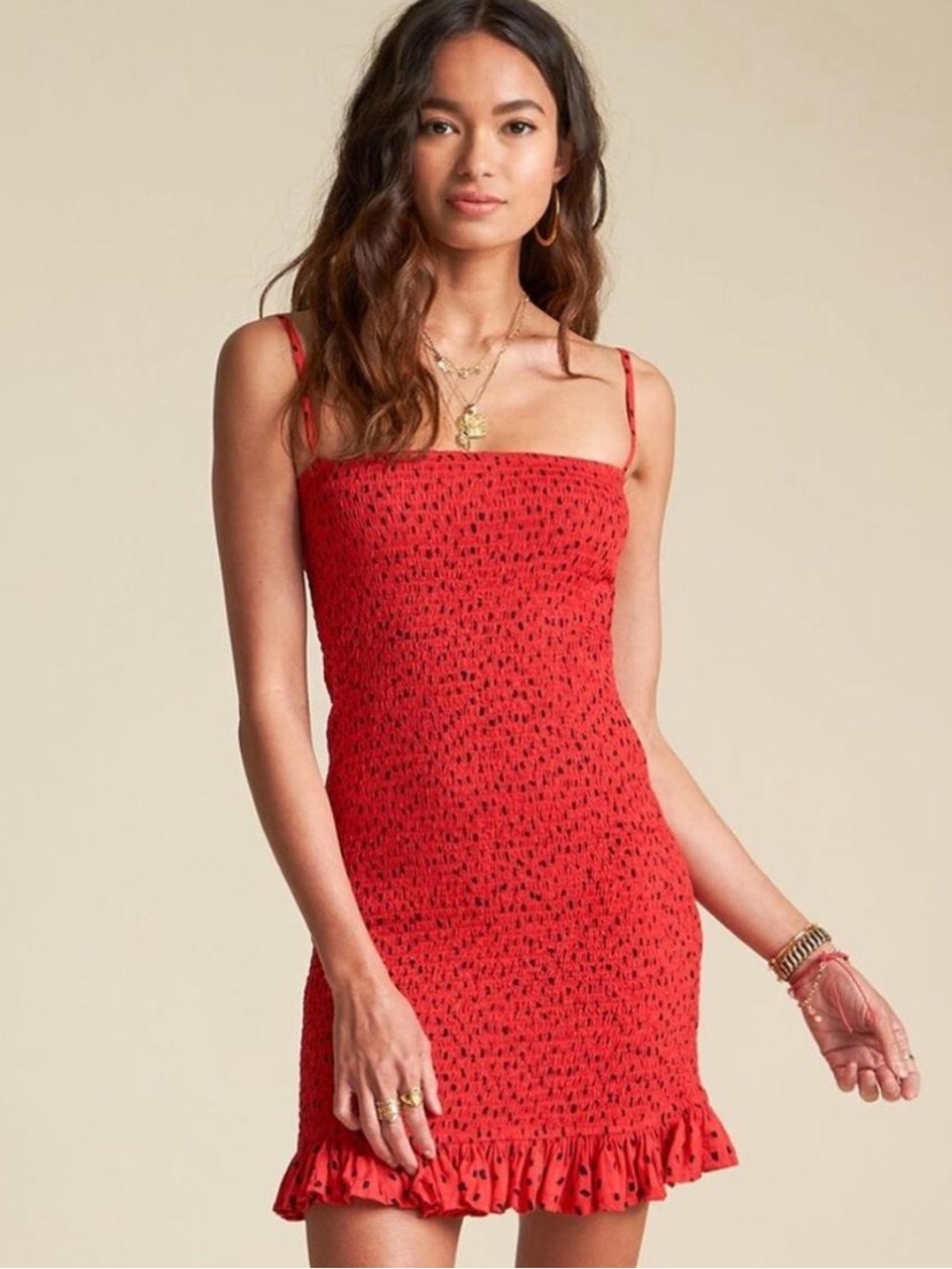 Billabong Red Smocked Mini Dress with Ruffle Hem